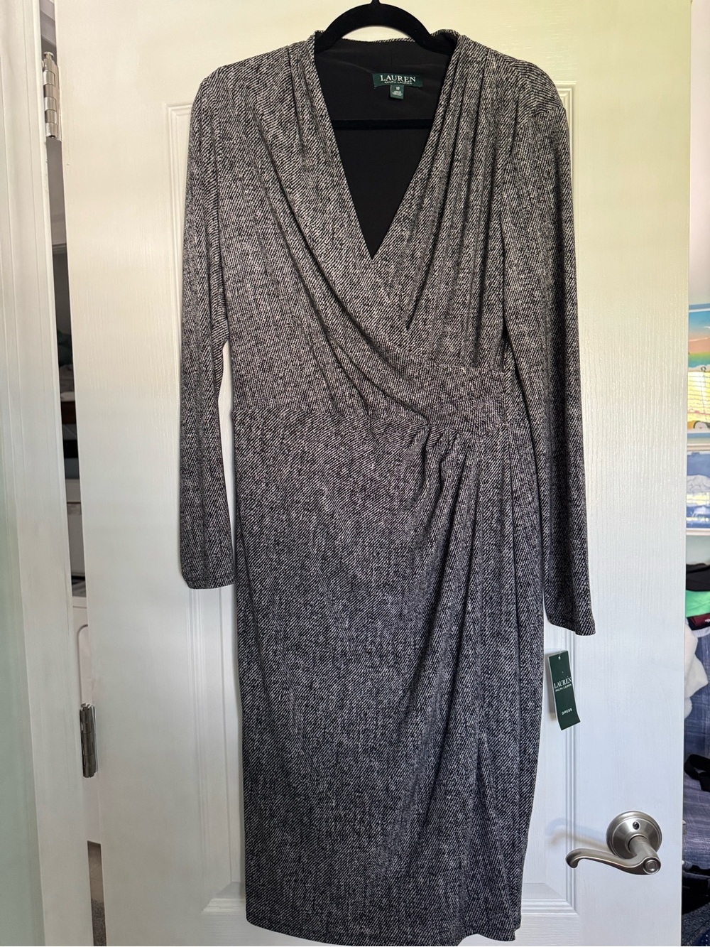 Ralph Lauren Heathered Gray Faux-Wrap Long Sleeve Dress